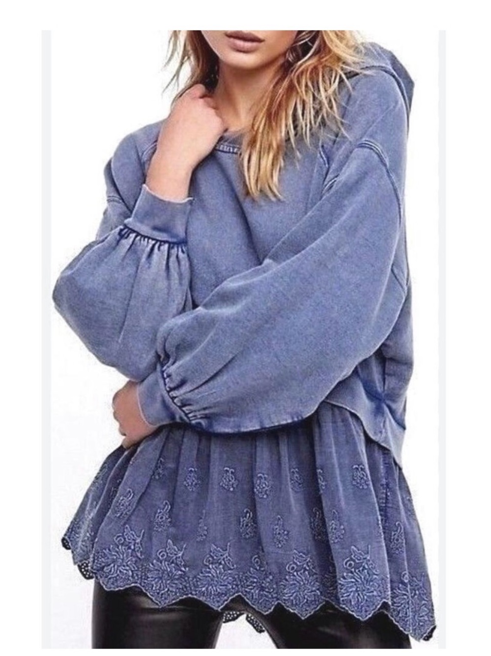 Free People Blue Embroidered Peplum Sleeve Pullover Top Size M